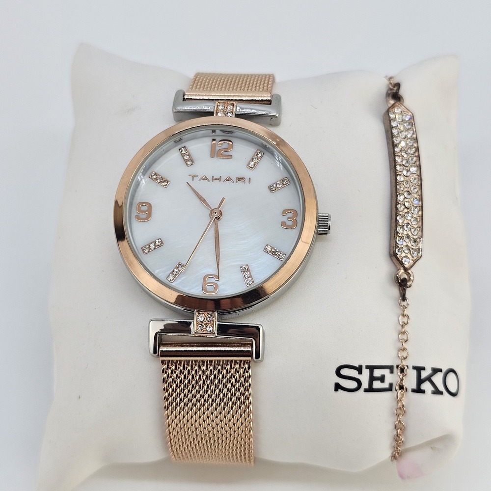 Tahari Watch Women 36MM MOP Dial Gold Mesh Bands Watch Bracelet Set NEW Battery